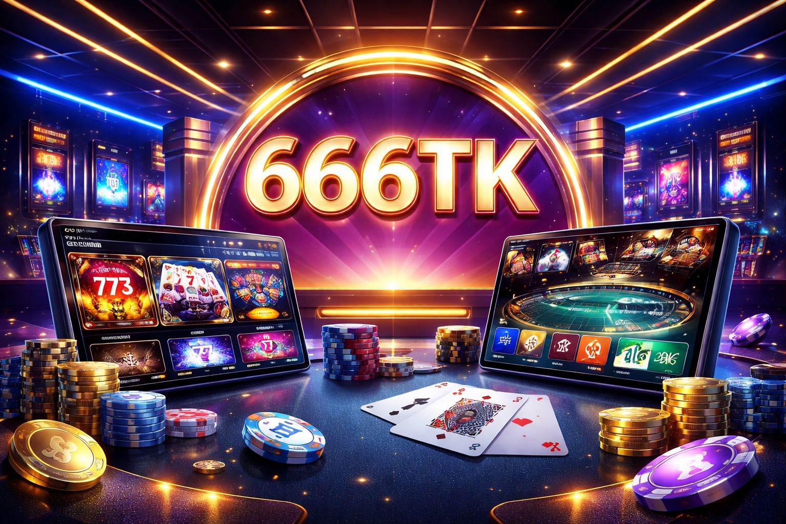 666TK সাইনেজ, গেমিং ইন্টারফেস, চিপস, কার্ড এবং বাংলাদেশের উপর কেন্দ্রীভূত অনলাইন বিনোদনের প্রাণবন্ত পরিবেশ সহ পেশাদার ডিজিটাল ক্যাসিনো দৃশ্য