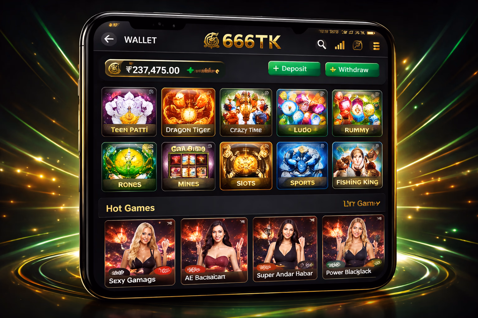Mobile gaming screen with the 666TK app dashboard, slot icons, wallet tools, and a clean Android layout