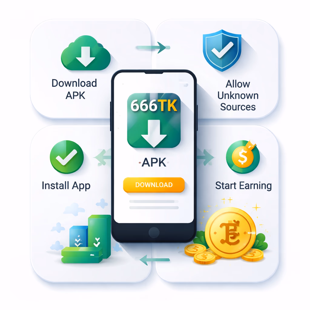 Smartphone displaying the 666TK APK installation process with download and security icons on screen