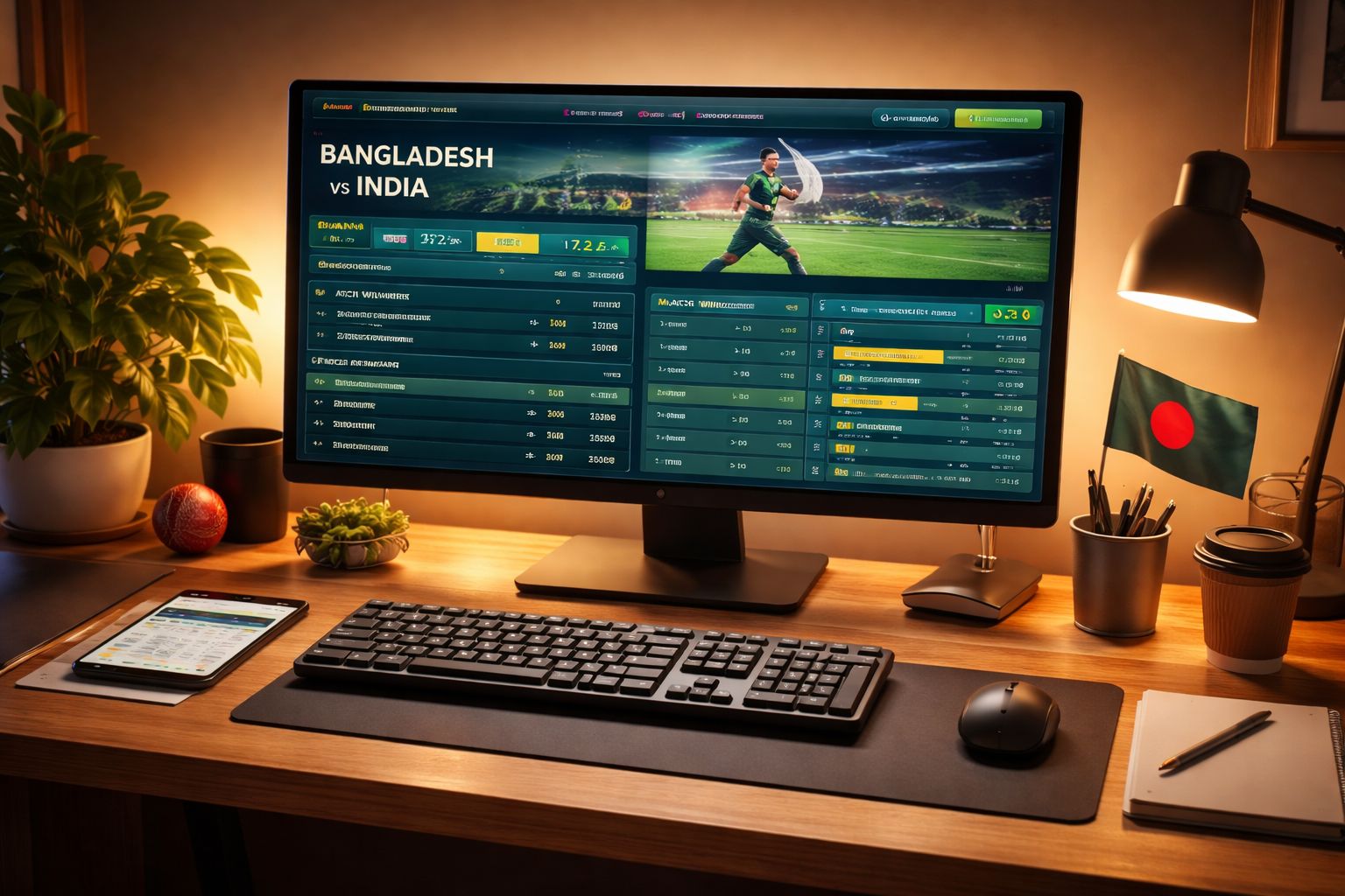 Desktop sports betting screen with live cricket odds and match updates in a comfortable indoor setting for Bangladesh users