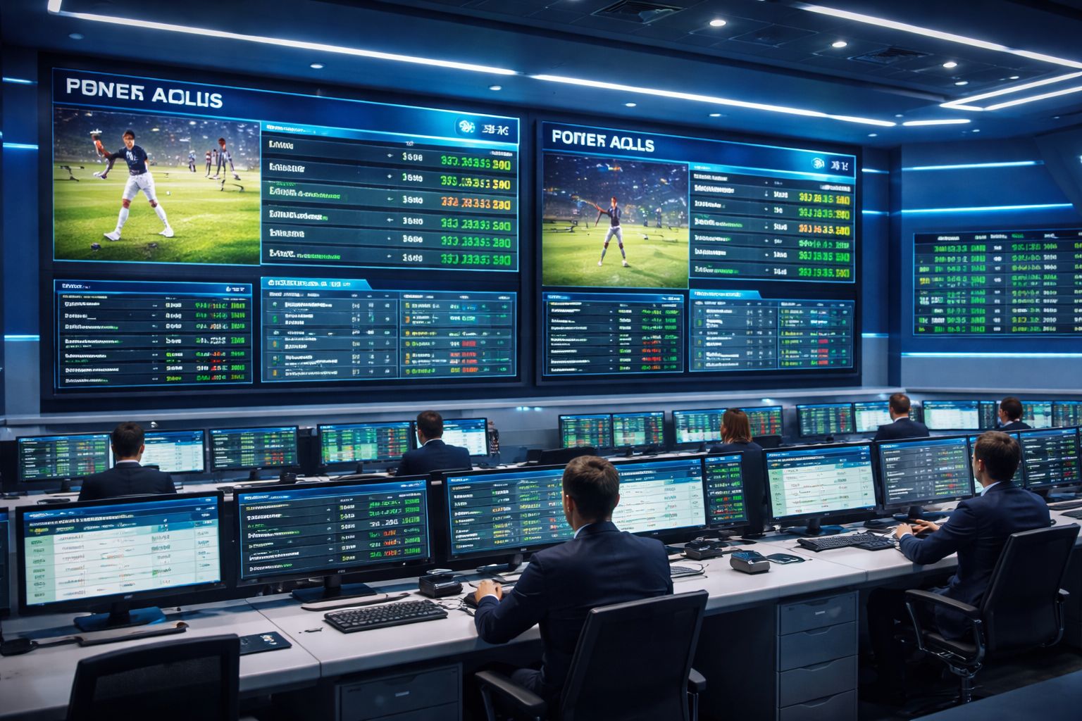 Live sportsbook dashboard showing updated cricket and football markets on multiple digital screens in a focused betting environment
