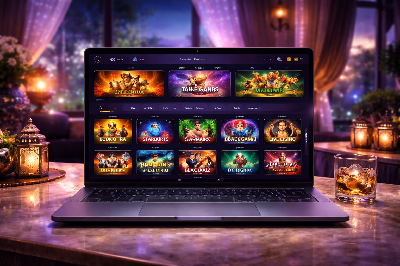 Modern laptop displaying the 666TK games lobby with slot thumbnails, table game icons and a polished dashboard layout