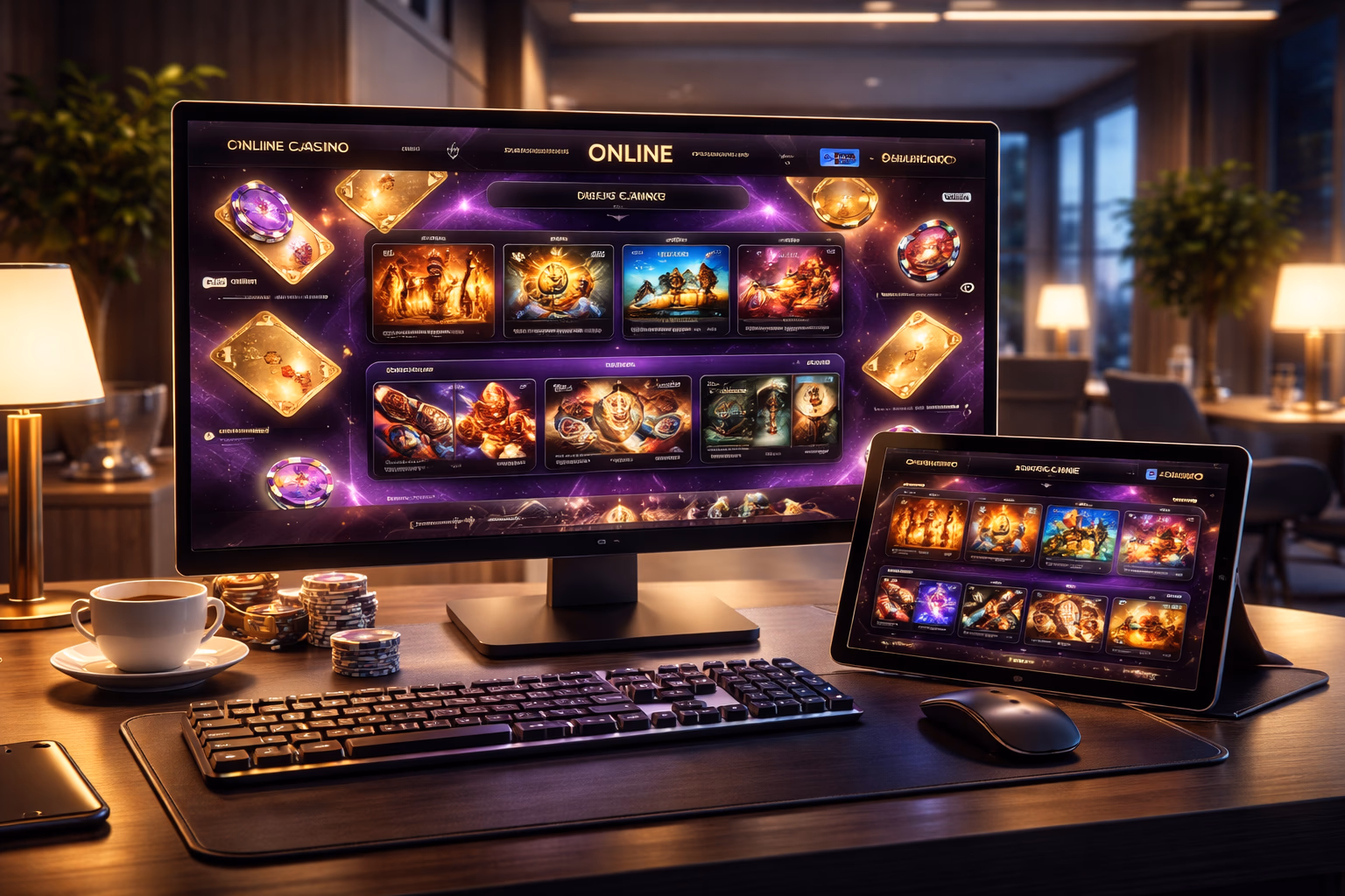 Desktop and tablet setup showing the 666TK casino platform with organized game categories in a modern neon-lit workspace