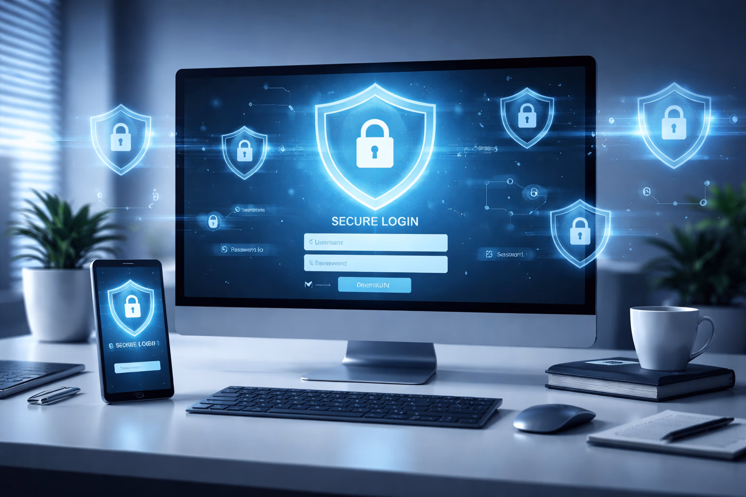 Secure digital account protection concept with a login shield, mobile device, and gaming dashboard in a professional blue-lit environment