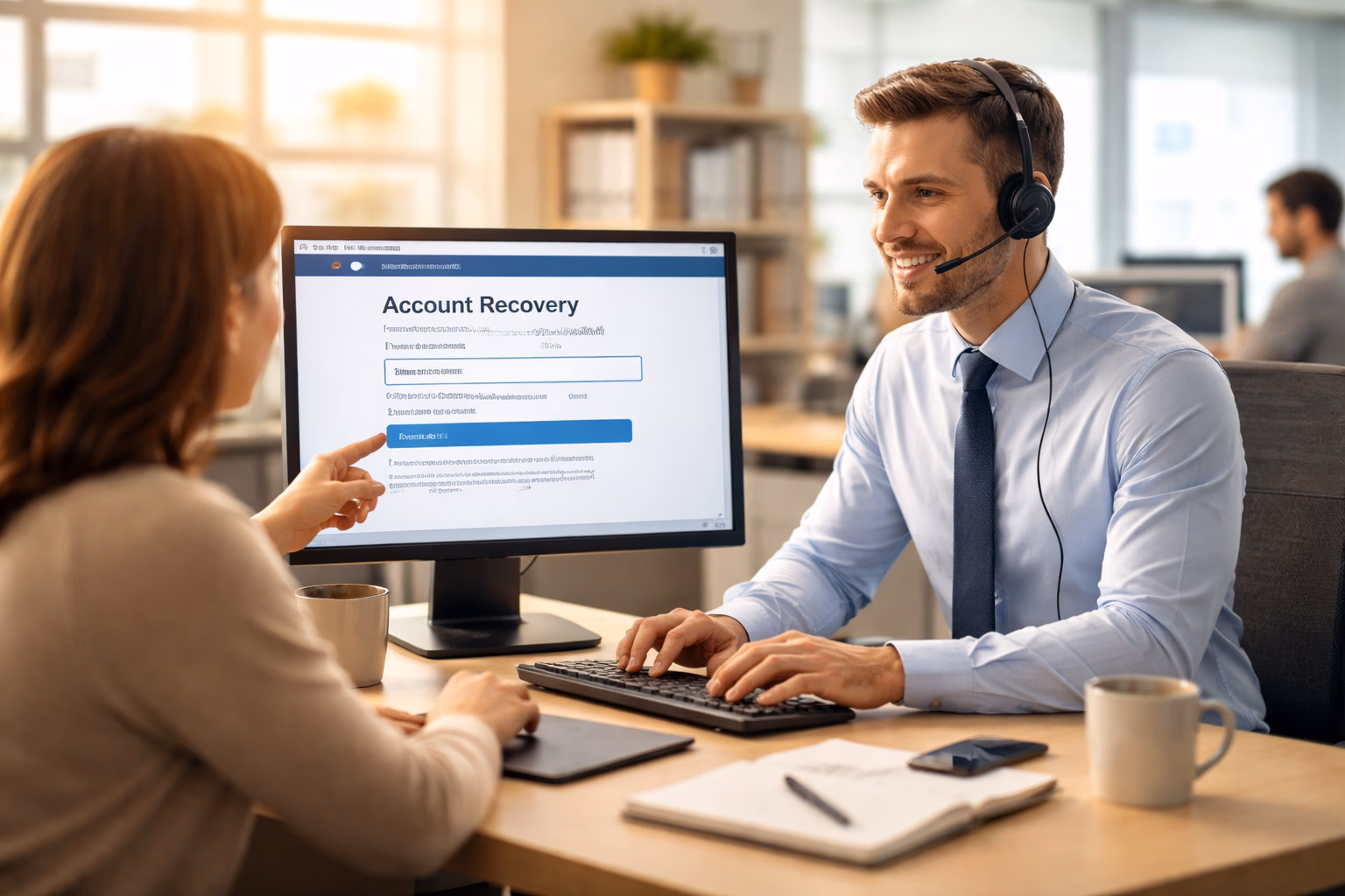 Helpful support desk scene with a professional agent assisting a player with login recovery on a computer screen