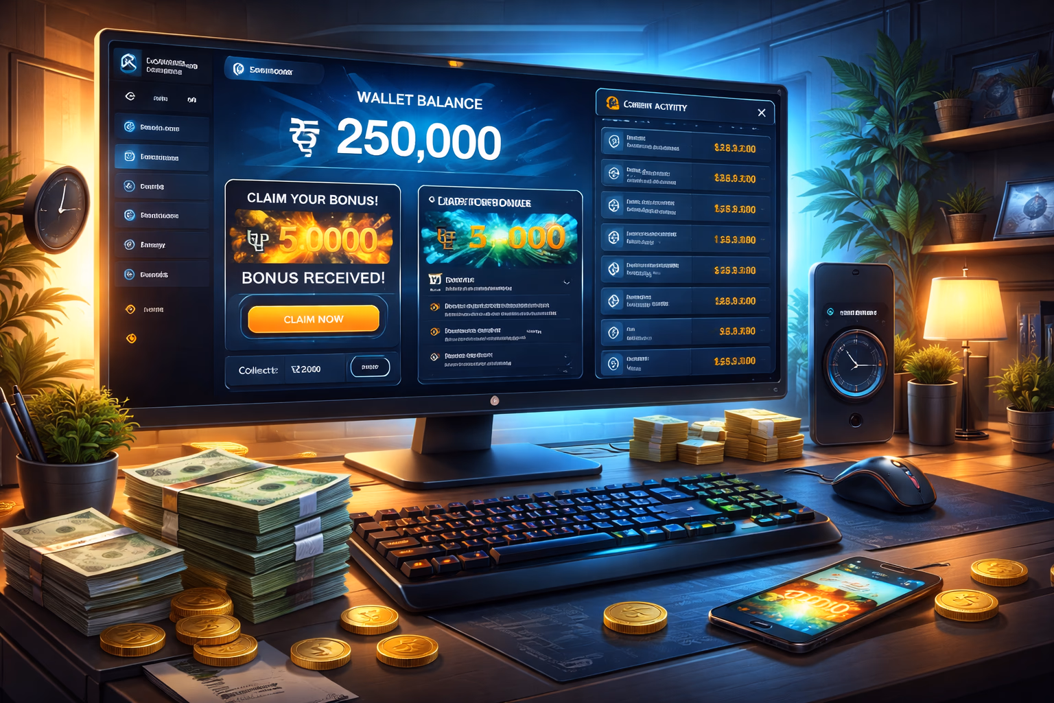 Player dashboard interface showing wallet balance, bonus section, and recent activity in a polished gaming account environment